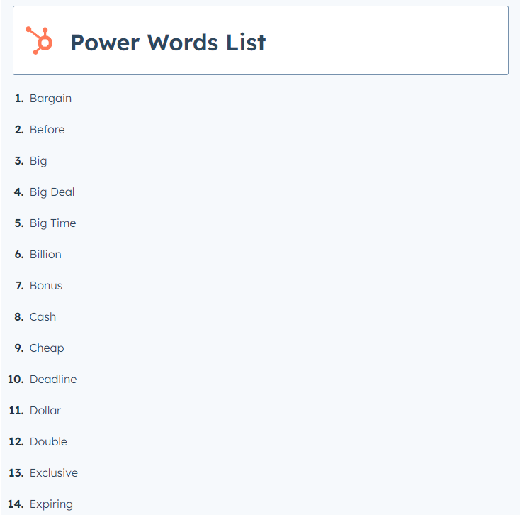 image of a list of power words created by HubSpot